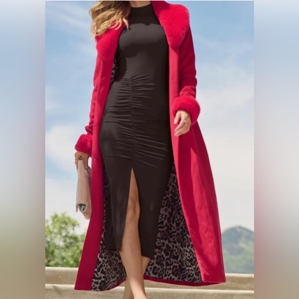 Venus Faux Wool A-Line Maxi Glam Coat – Vibrant Red – Size 6 – NWOT - Picture 3 of 14